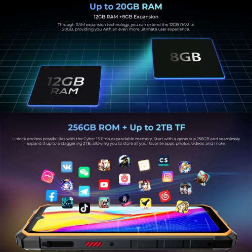  HOTWAV CYBER 13 Pro, 12 Go + 256 Go, téléphone robuste IP68/IP69K, 10 800 mAh, 6,6 pouces Android 13 UNISOC T619 Octa Core, réseau : 4G, NFC, OTG (tout noir) SH801B1802-015